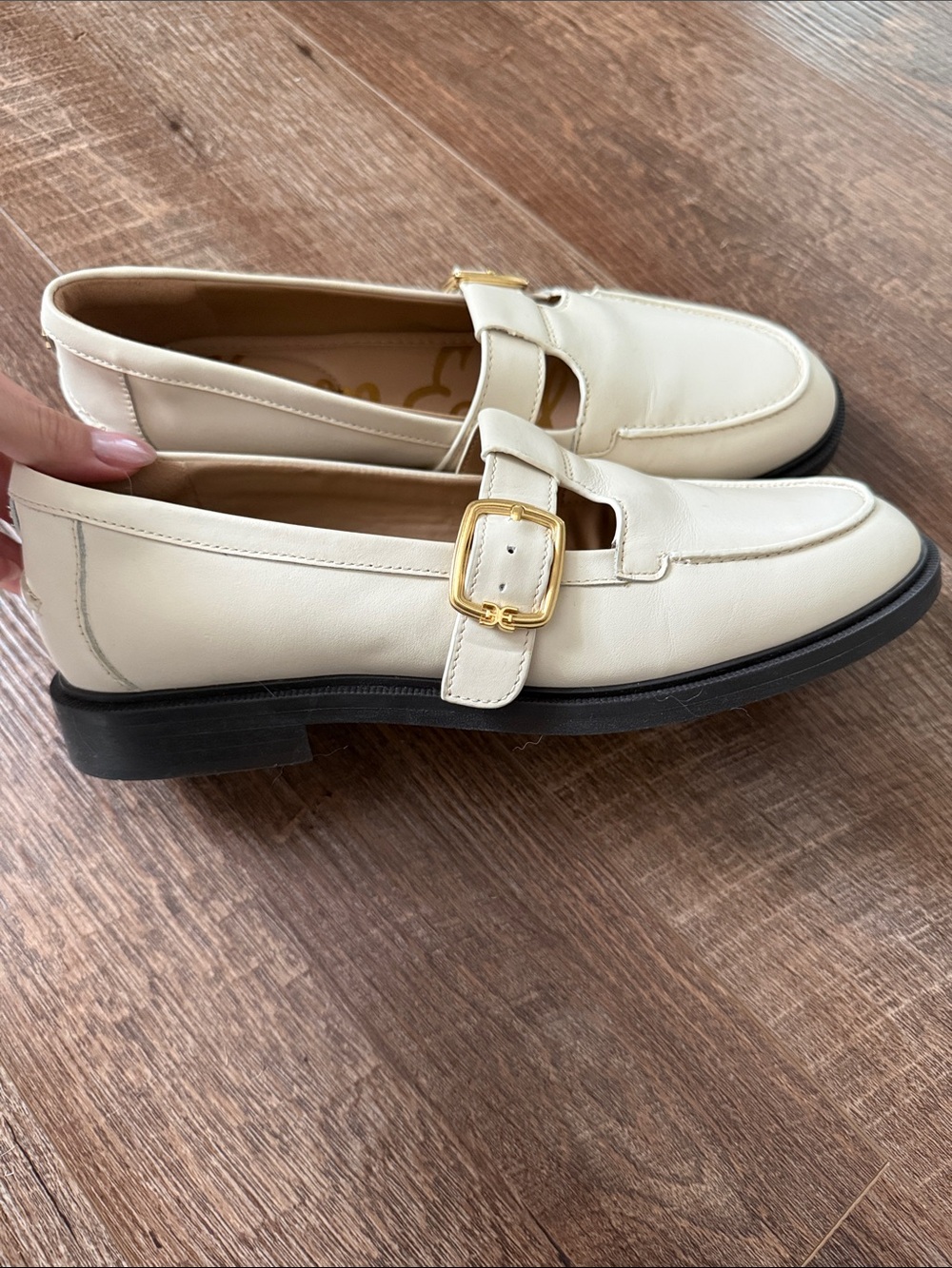 Sam Edelman Cream Mary Jane Loafers with Gold Buckle - Picture 2 of 5